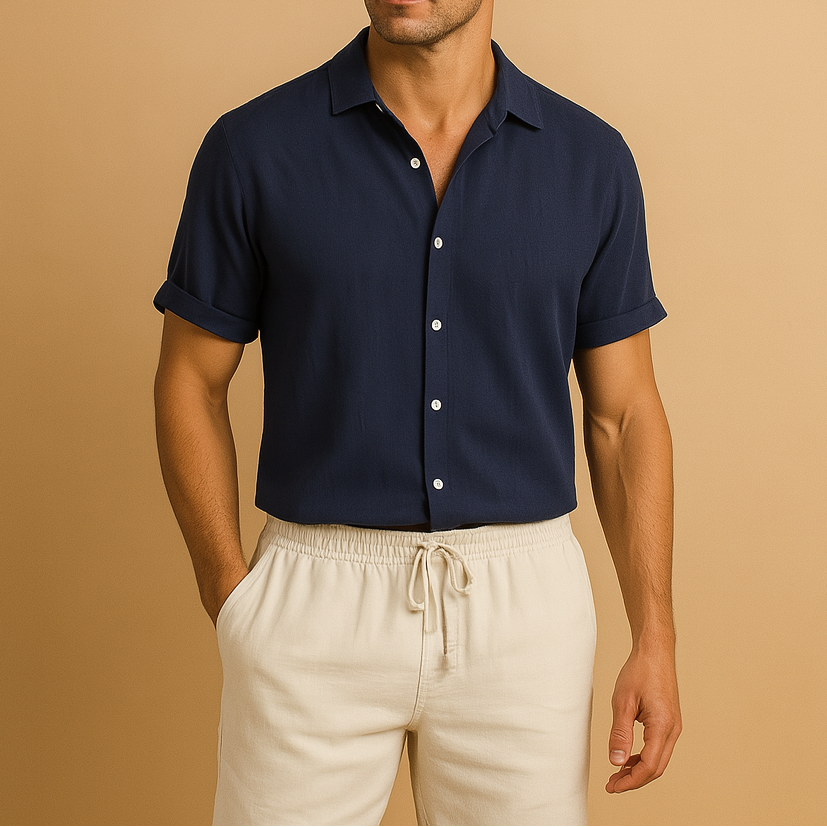 Men’s two-piece summer set with short-sleeved shirt and drawstring pants - lightweight, breathable design for vacations, city trips, and casual summer occasions