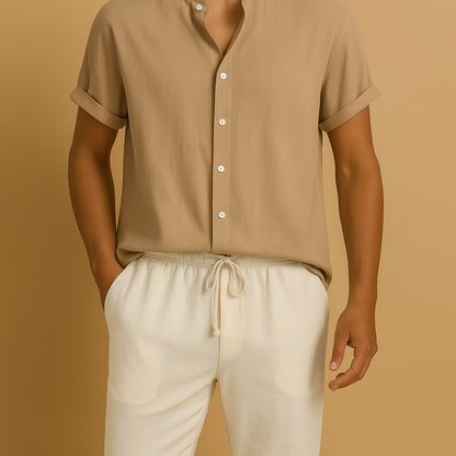 Men’s two-piece summer set with short-sleeved shirt and drawstring pants - lightweight, breathable design for vacations, city trips, and casual summer occasions