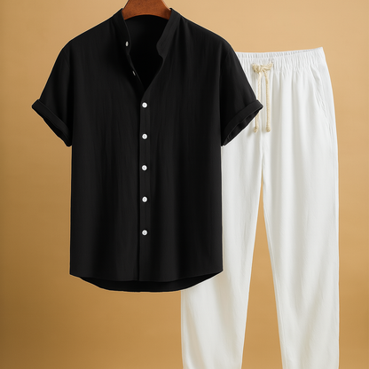 Men’s two-piece summer set with short-sleeved shirt and drawstring pants - lightweight, breathable design for vacations, city trips, and casual summer occasions