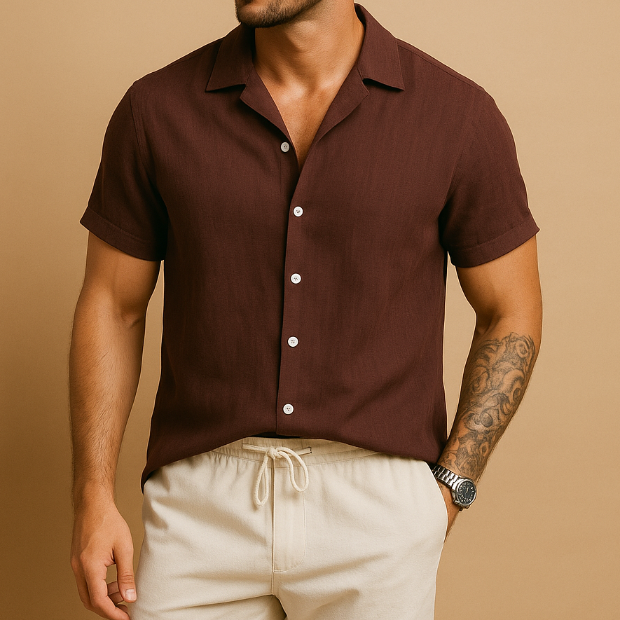 Men’s two-piece summer set with short-sleeved shirt and drawstring pants - lightweight, breathable design for vacations, city trips, and casual summer occasions